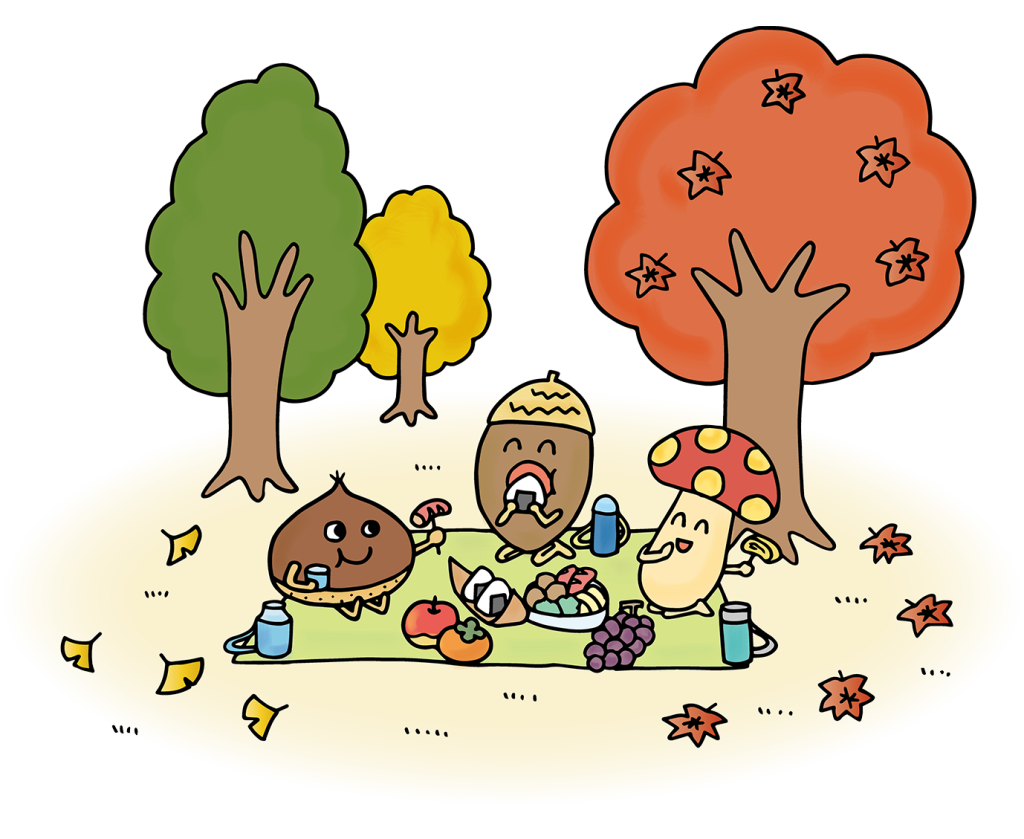 「どんぐりと栗ときのこがお弁当を食べる・秋遠足」のフリーイラスト