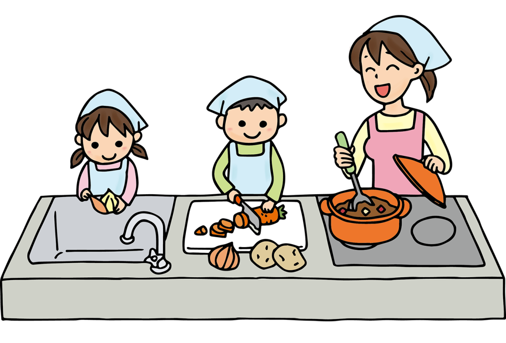 「カレーを作る子供たちと先生（料理教室）」のフリーイラスト
