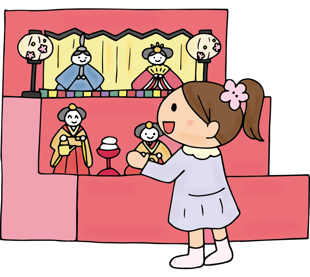 「雛人形を飾る女の子・ひな祭り」のフリーイラスト