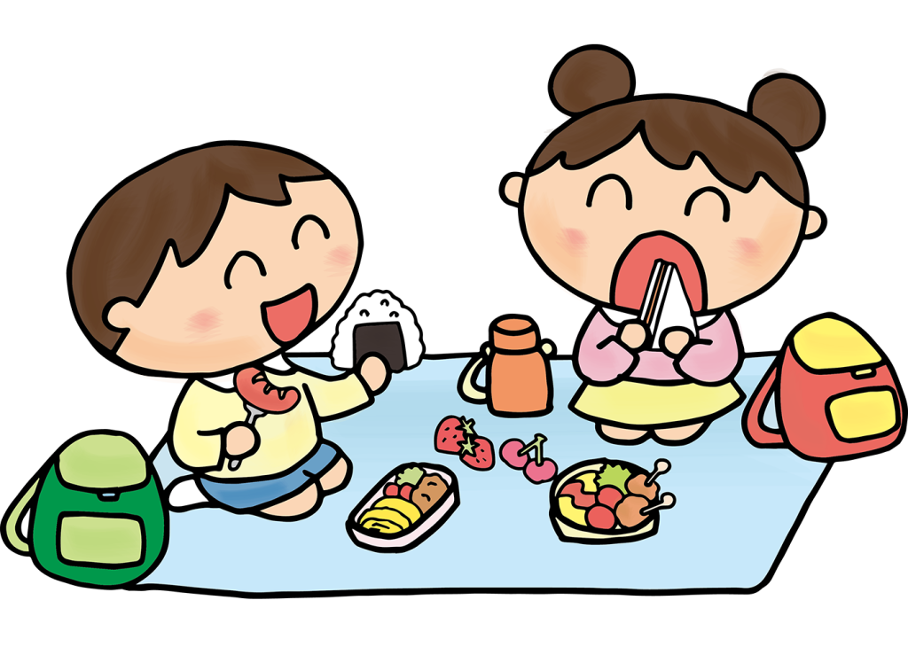 「お弁当を食べる子供たち（春の遠足）」のフリーイラスト