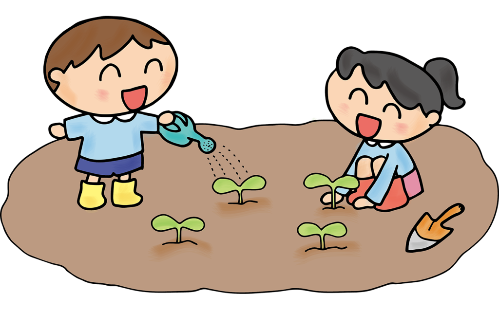 「発芽に水やりをする子供たち（菜園）」のフリーイラスト