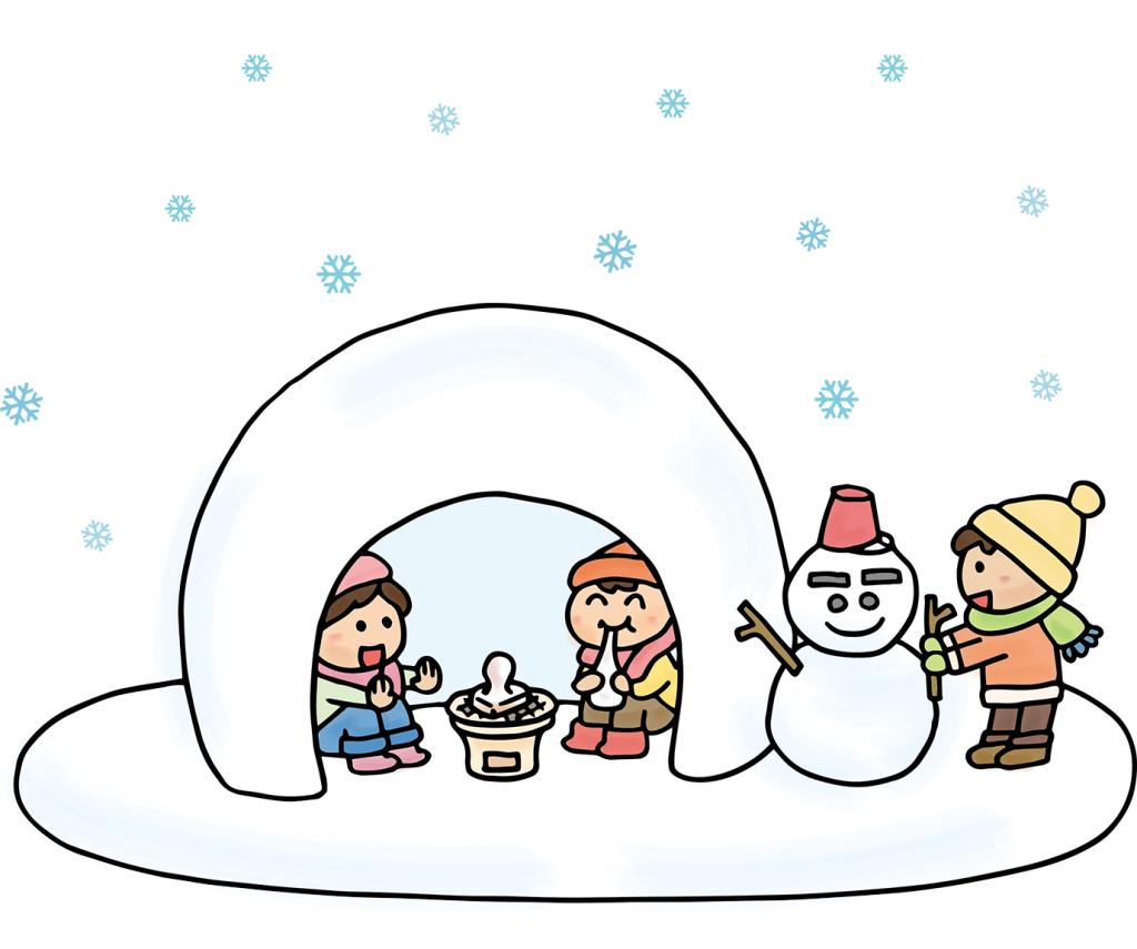 「かまくらの中でお餅を食べる子供たち・雪遊び」のフリーイラスト