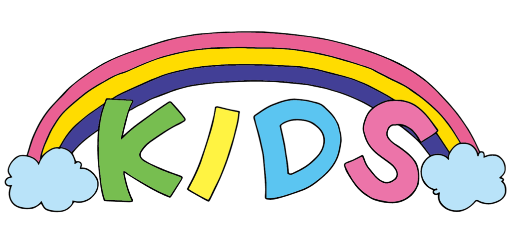 「KIDS（文字）と虹」のフリータイトルイラスト