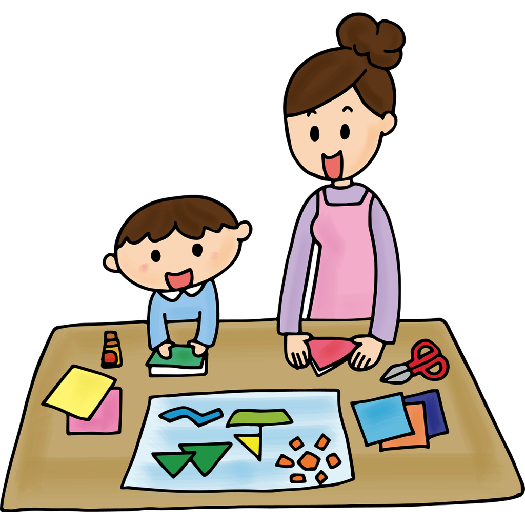 「参観日・画用紙の切り貼り作業をする親子」のフリーイラスト