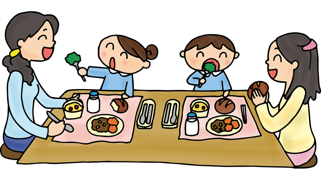 「参観日・給食を一緒に食べる親子（お母さん）」のフリーイラスト
