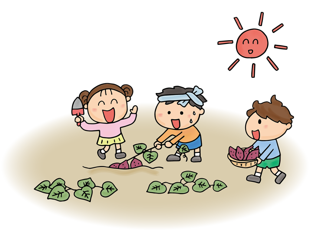 「大量のサツマイモを収穫する子供たち」のフリーイラスト