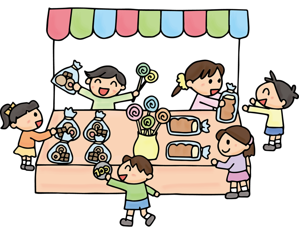 「お店ごっこをする子供たち（お菓子屋さん）」のフリーイラスト