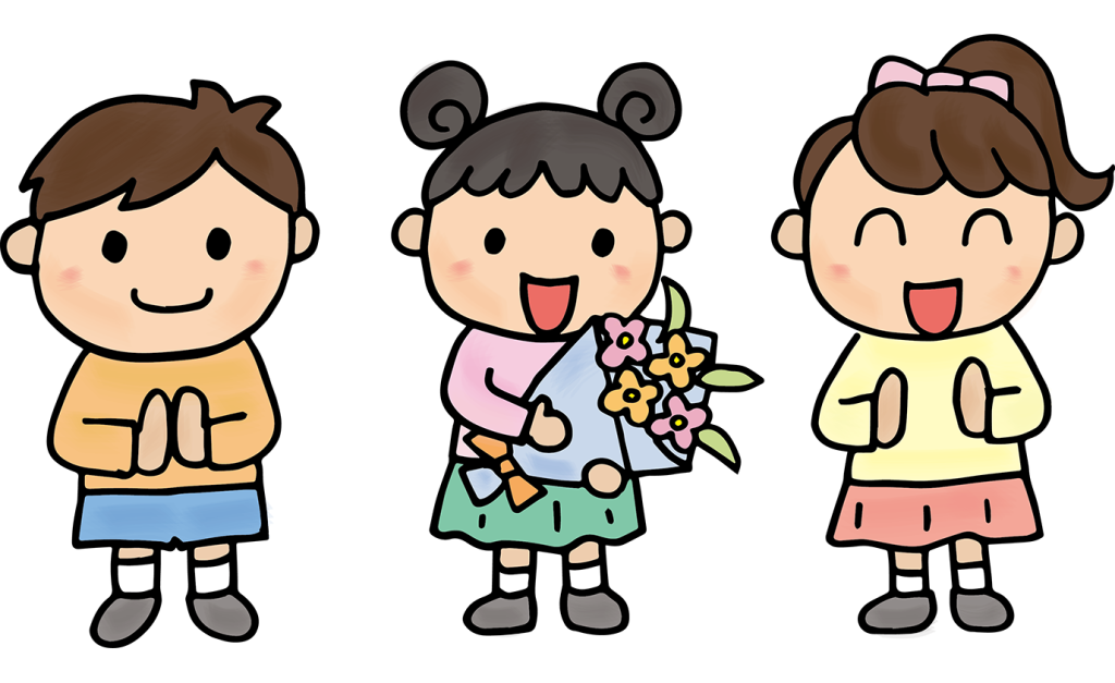 「花束を持つ子供と拍手をする子供たち・お別れ会」のフリーイラスト