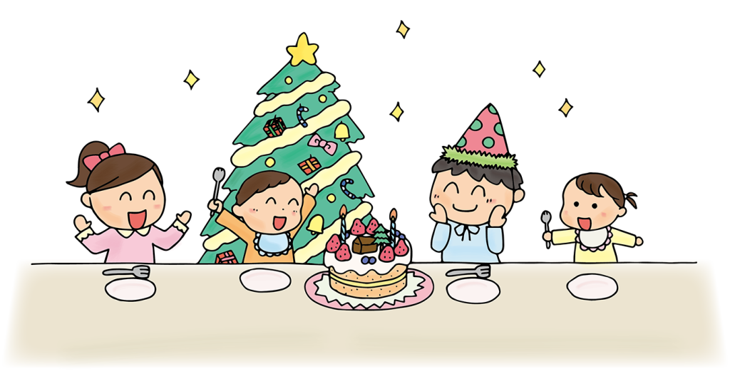 「クリスマスパーティーをする子供たち」のフリーイラスト