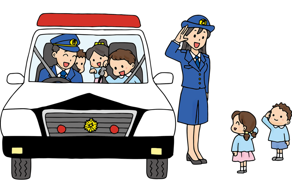 「パトカー乗車体験をする子供たちと婦警さん（交通安全）」のフリーイラスト