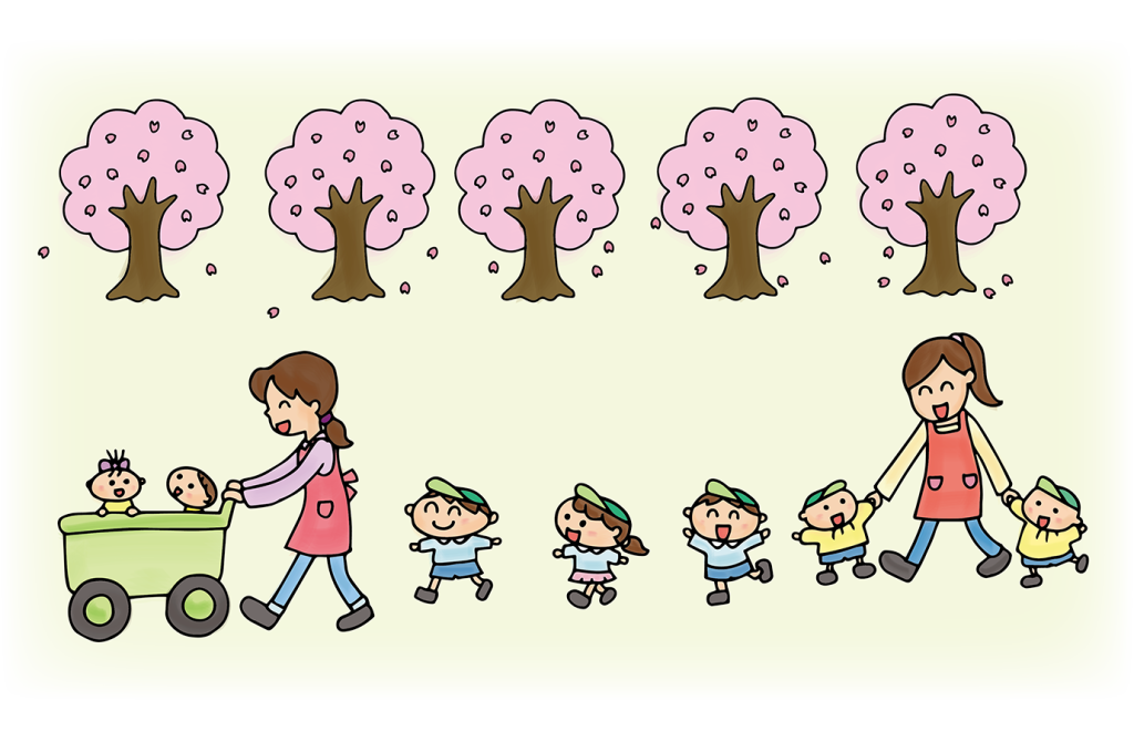 「桜並木を散歩する子供たちと先生」のフリーイラスト