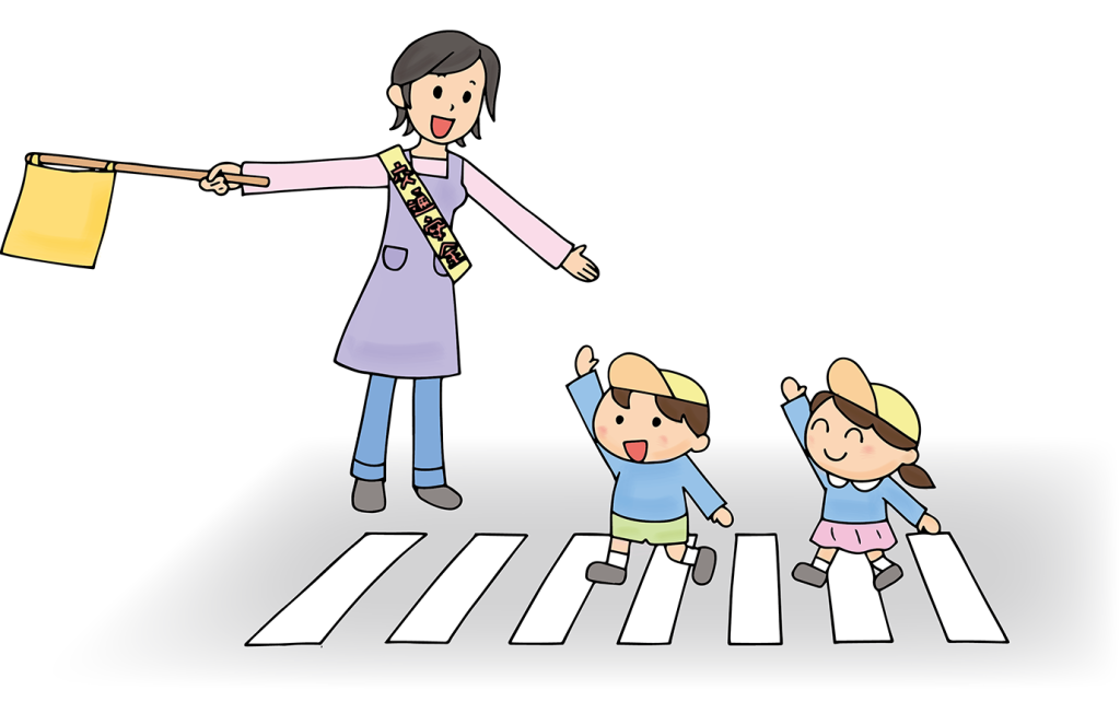 「横断歩道を渡る子供たちと誘導する先生（交通安全）」のフリーイラスト