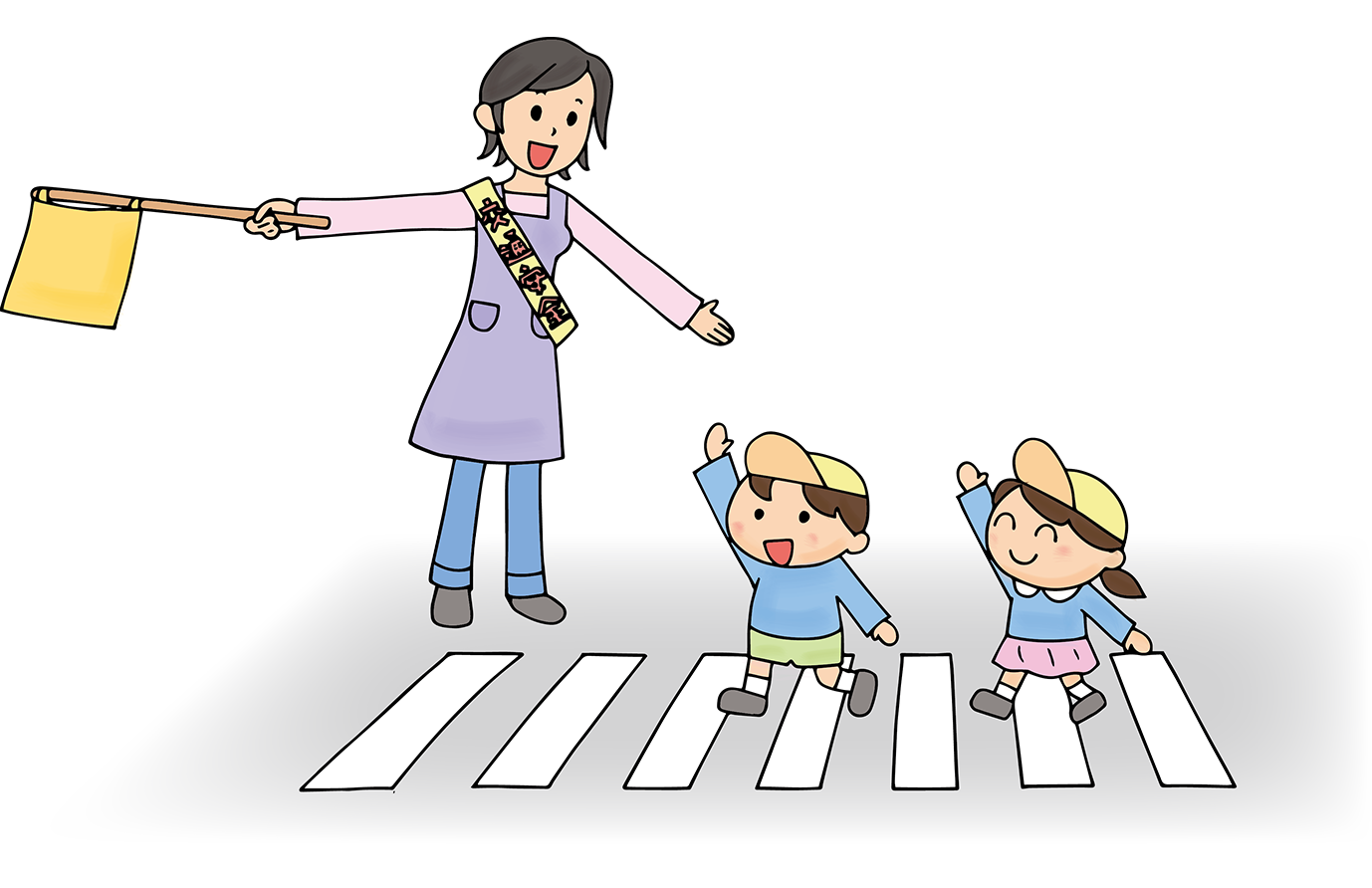 「横断歩道を渡る子供たちと誘導する先生(交通安全)」のフリーイラスト イラストわくわくBOX 「横断歩道を渡る子供たちと誘導する先生(交通安全)」のフリーイラスト イラストわくわくBOX