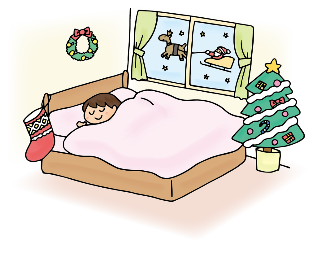 「クリスマスの夜に寝ている女の子」のフリーイラスト