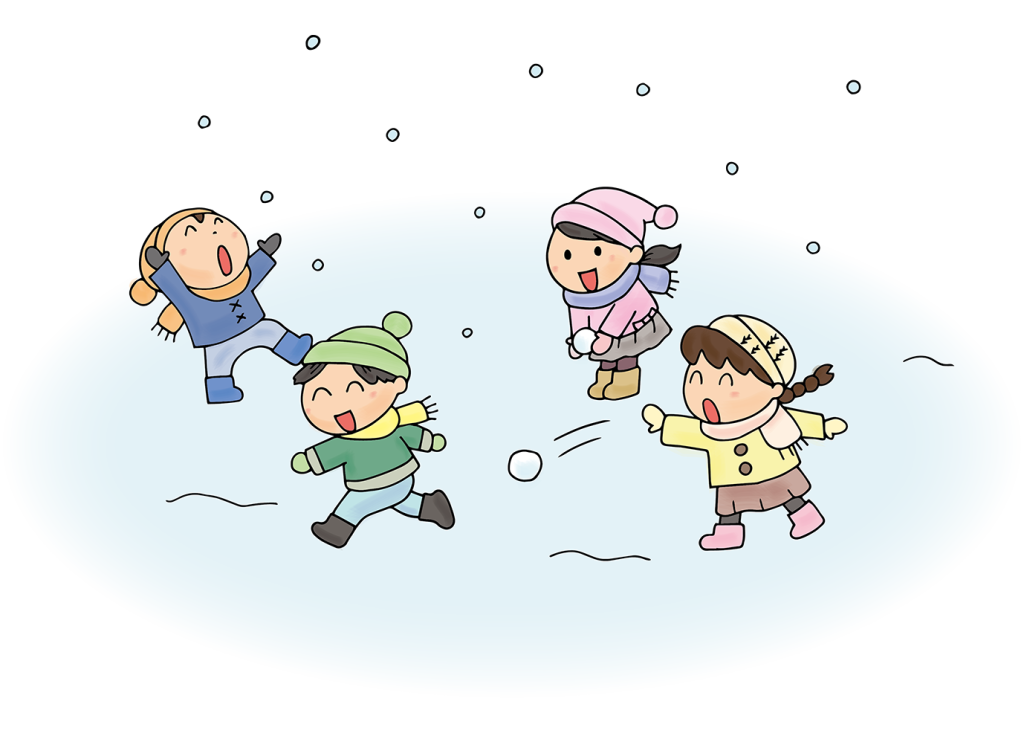「雪合戦をする子供たち・雪遊び」のフリーイラスト