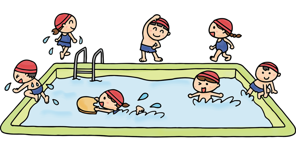 プールで泳ぐ子供たち」のフリーイラスト | イラストわくわくBOX