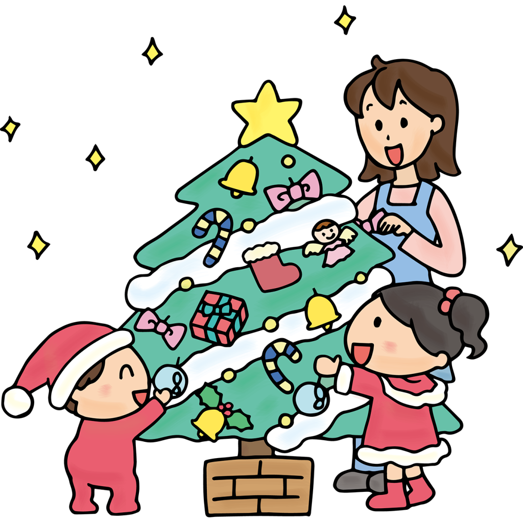 「クリスマスツリーの飾り付けをする子供たちと先生」のフリーイラスト