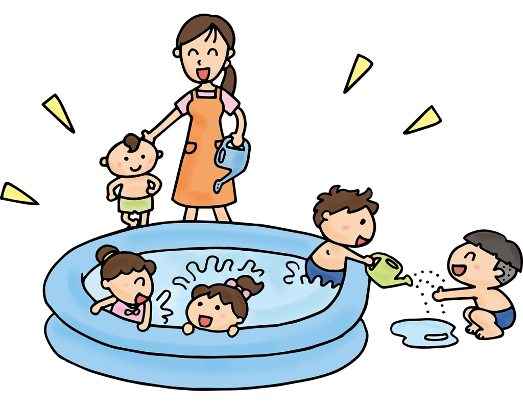 「ビニールプールで遊ぶ子供たちと先生２」のフリーイラスト