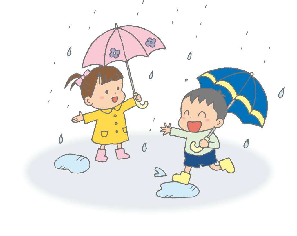 「梅雨の雨の中ではしゃぐ子どもたち」のかわいい手書きフリーイラスト