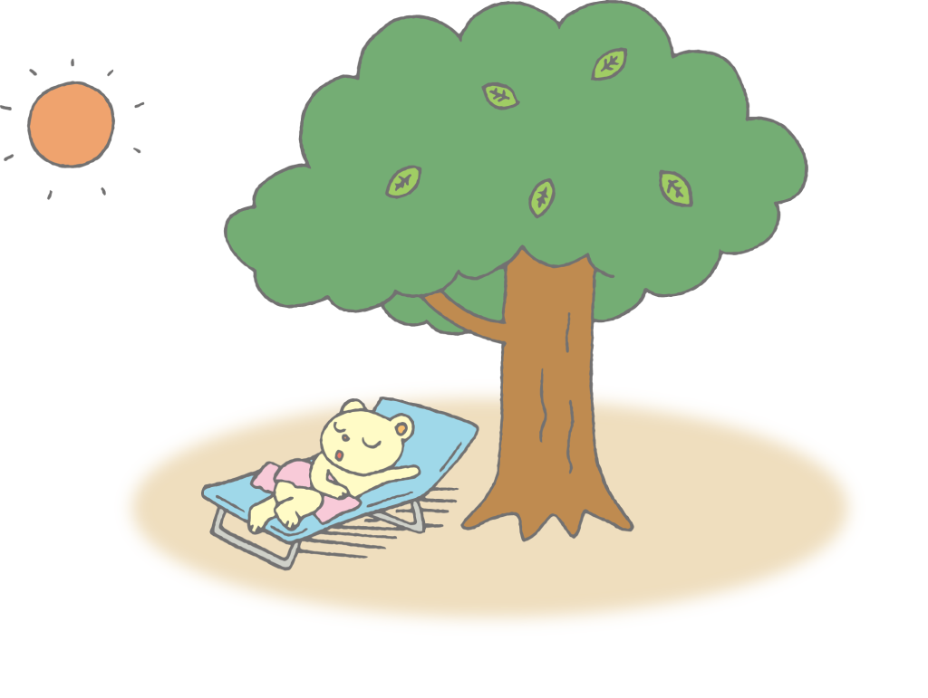 「夏の暑い日に木陰で昼寝するこぐま」のかわいい手書きフリーイラスト