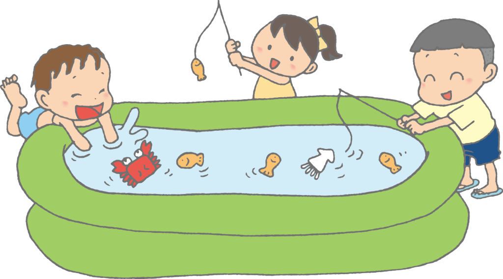 「ビニールプールで水遊びや釣り遊びを楽しむ子どもたち」のかわいい手書きフリーイラスト