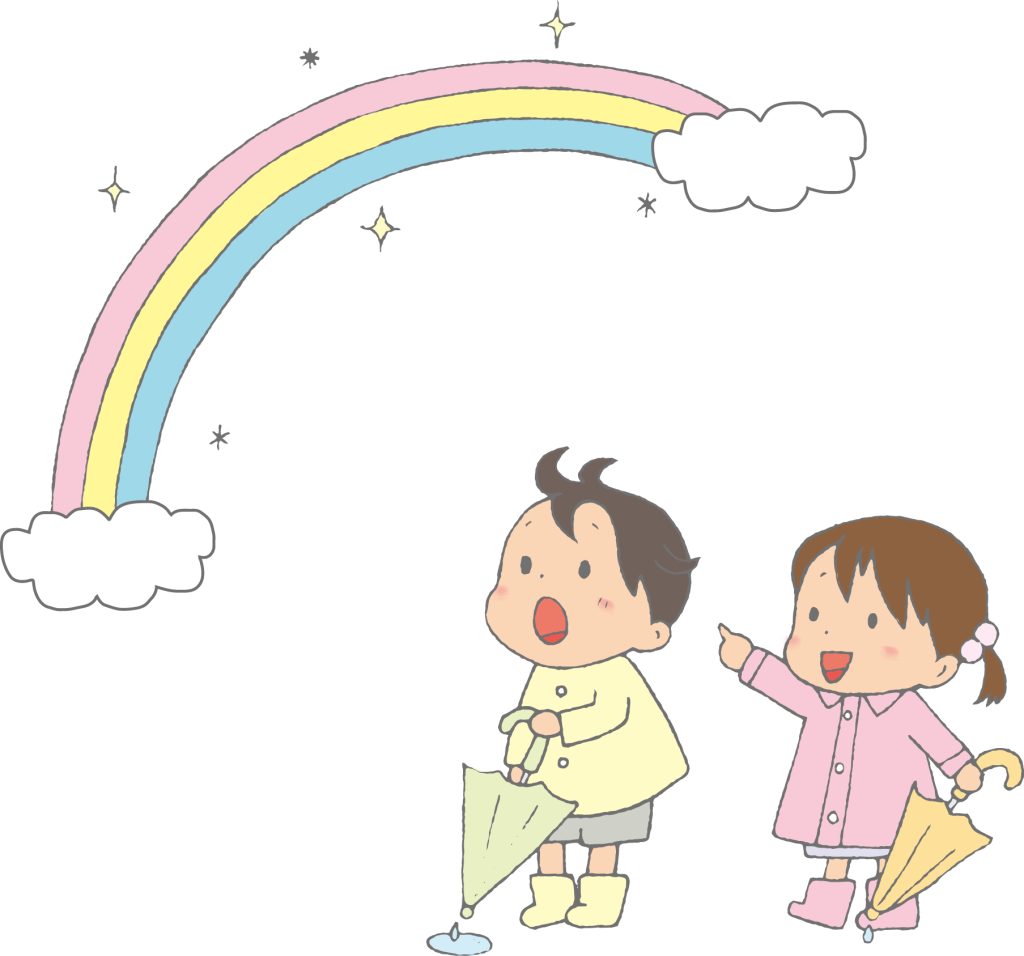 「雨あがりの虹に喜ぶ子どもたち」のかわいい手書きフリーイラスト