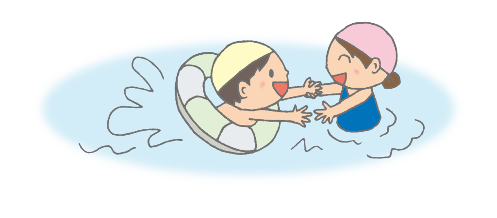 「浮き輪をつけてプールで遊ぶ子どもたち」のかわいい手書きフリーイラスト