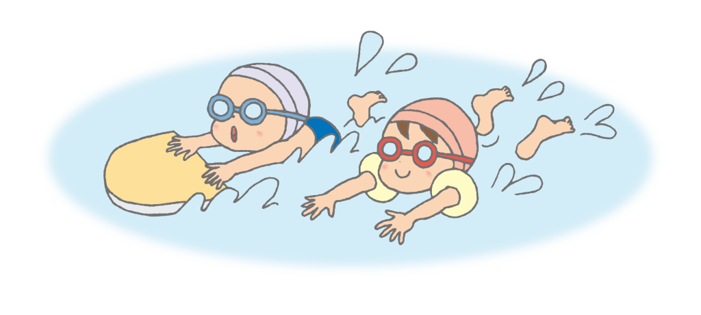 「ビート板を使ってプールで泳ぐ子どもたち」のかわいい手書きフリーイラスト