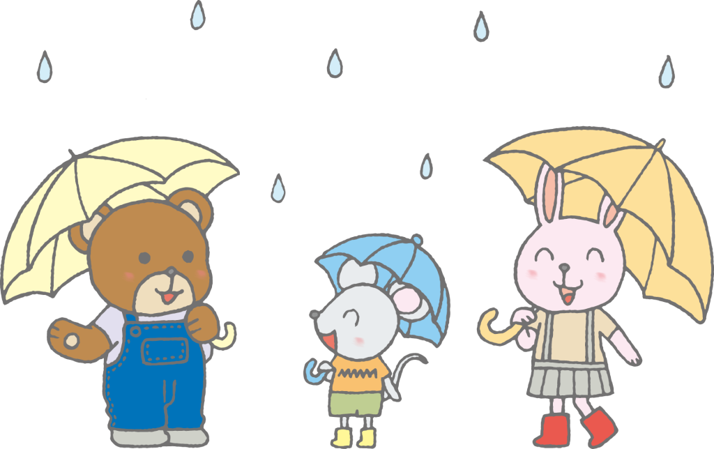 「雨の中、傘をさして歩く動物たち（梅雨）」のかわいい手書きフリーイラスト