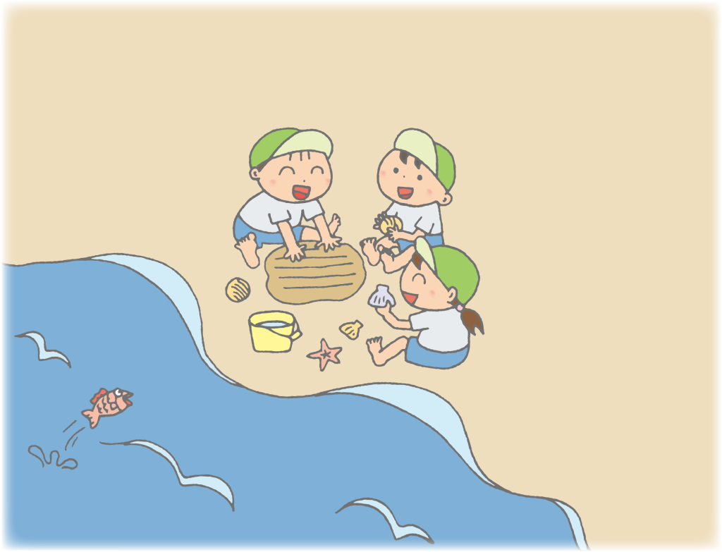「海辺の砂浜で砂浜遊びする子どもたち」のかわいい手書きフリーイラスト