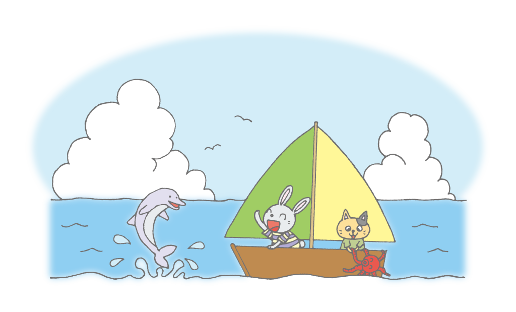 「海でヨットに乗りイルカと遊ぶ動物たち」のかわいい手書きフリーイラスト