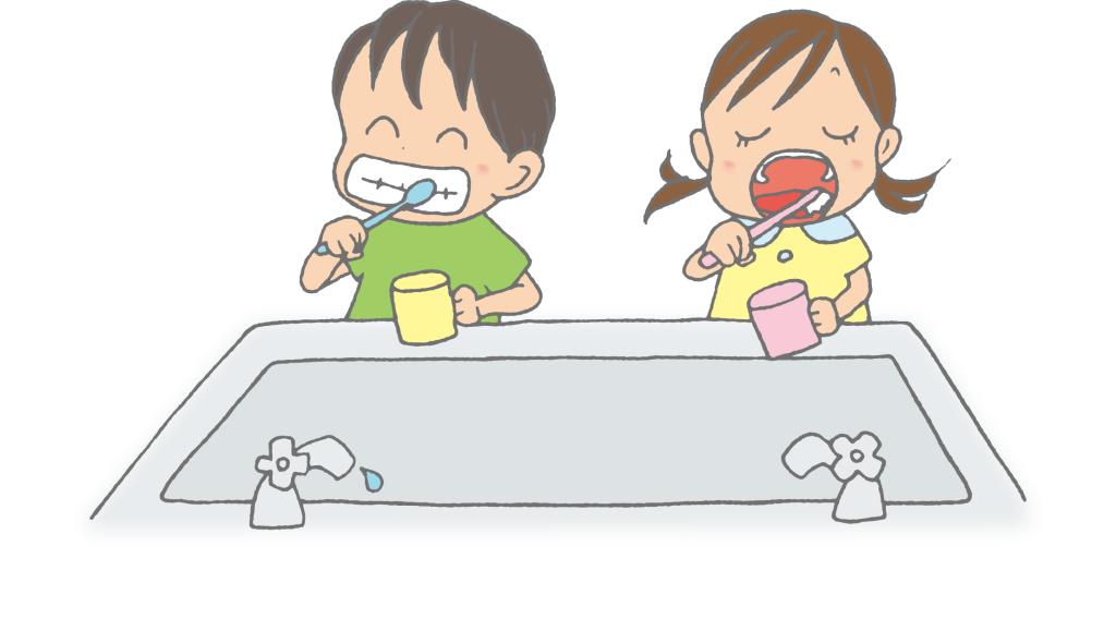 「歯磨きをする男の子と女の子」のかわいい手書きフリーイラスト