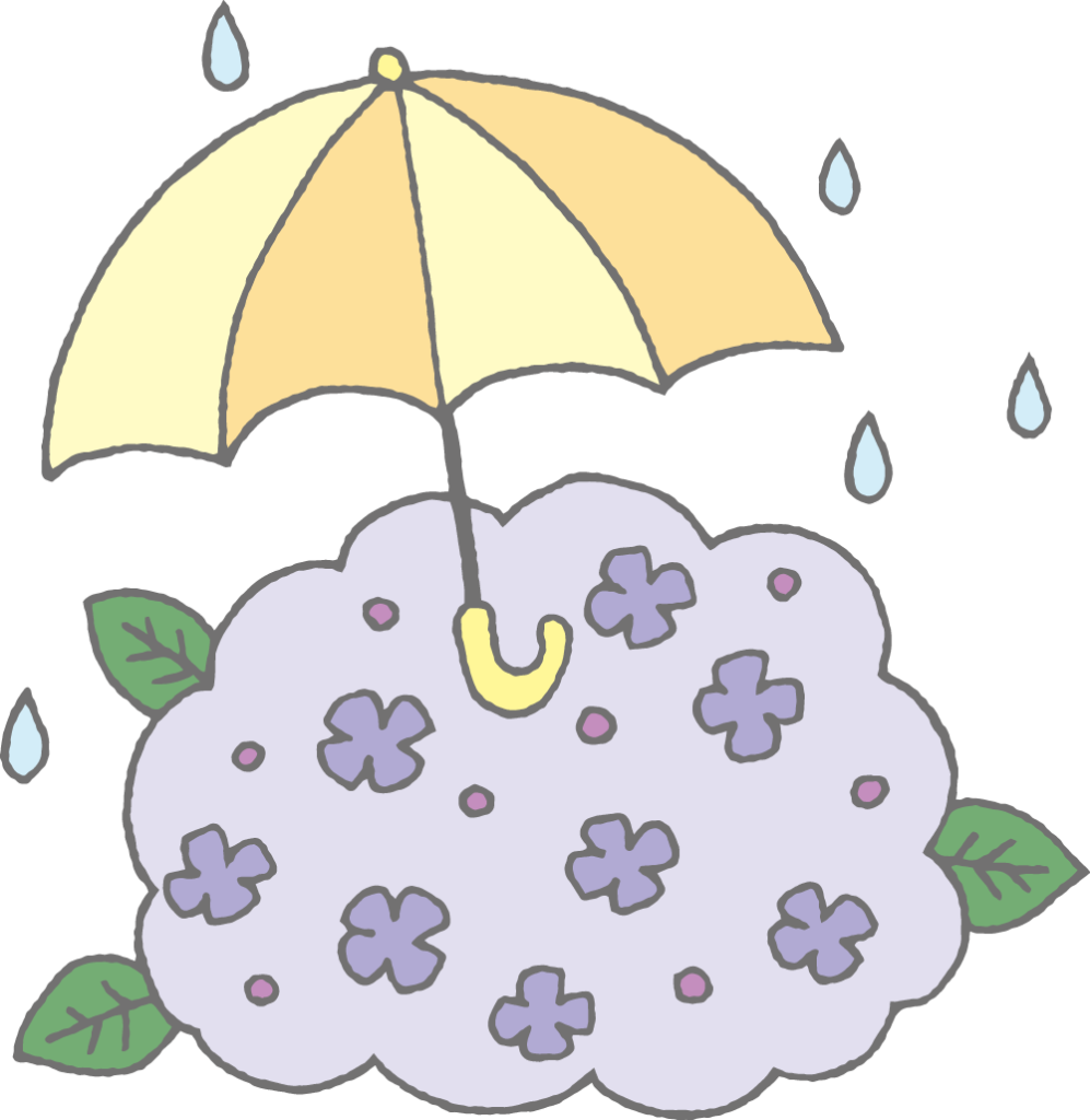 「傘とあじさい（梅雨・6月）」のかわいい手書きフリーイラスト