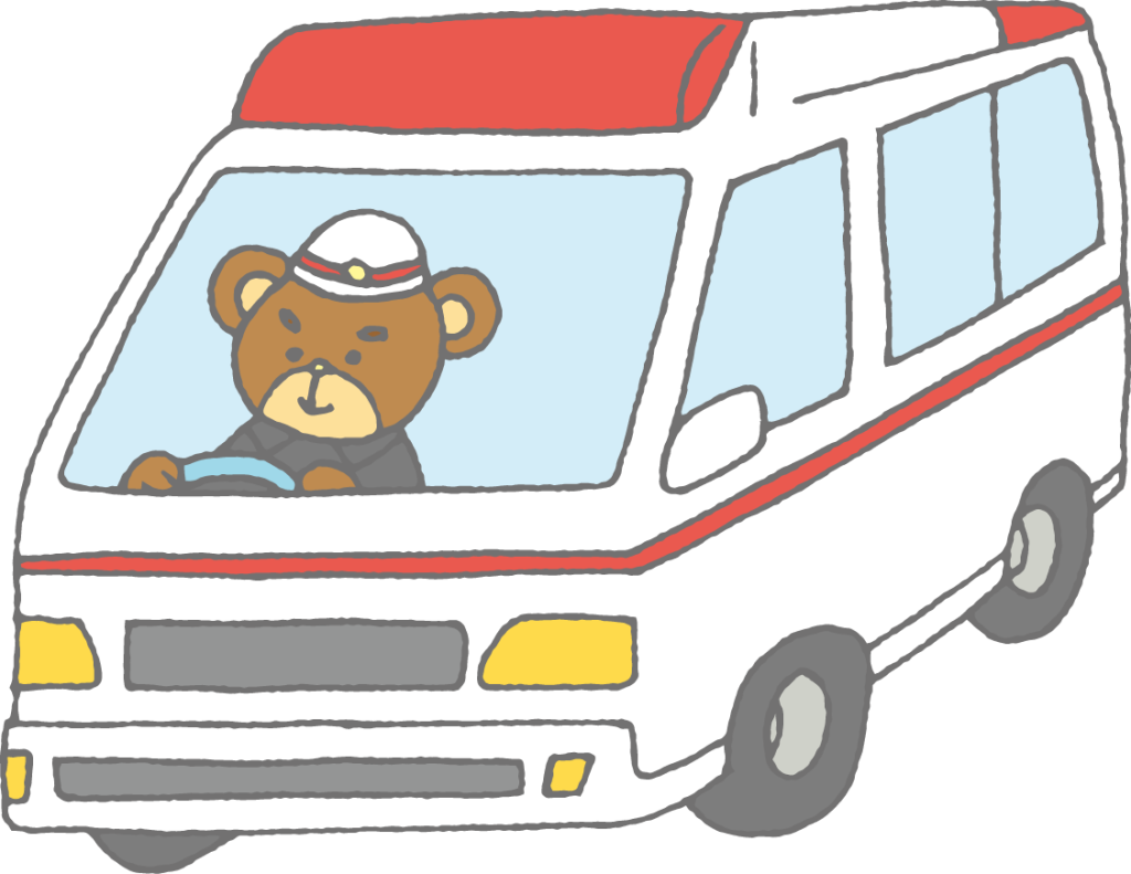 「救急車を運転するクマ（救急の日）」のかわいい手書きフリーイラスト