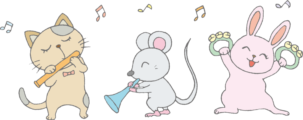 「合奏する動物たち（笛を吹くネコ・ラッパを吹くネズミ・鈴を鳴らすウサギ）」のかわいい手書きフリーイラスト