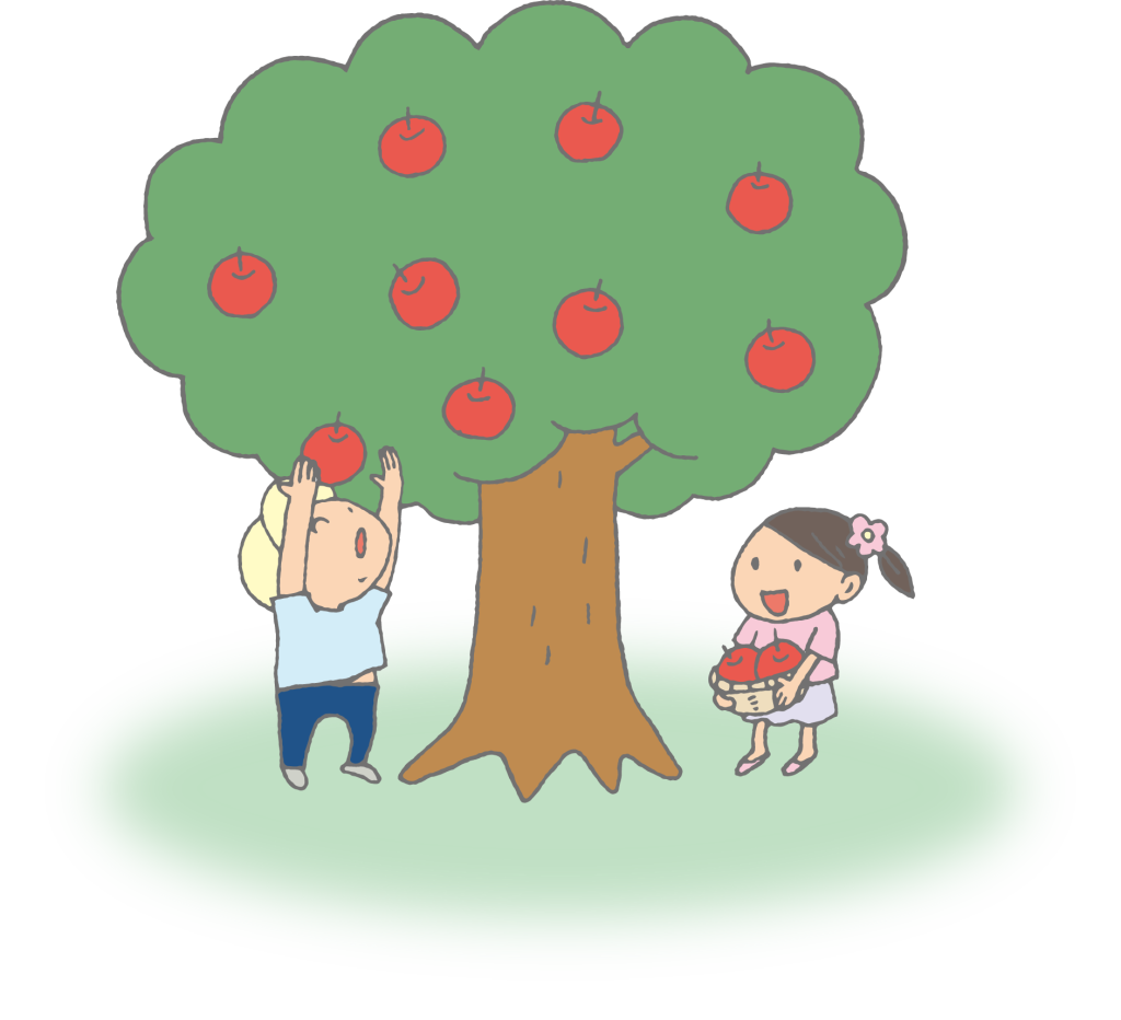 「リンゴの木でリンゴ採りをする子どもたち」のかわいい手書きフリーイラスト