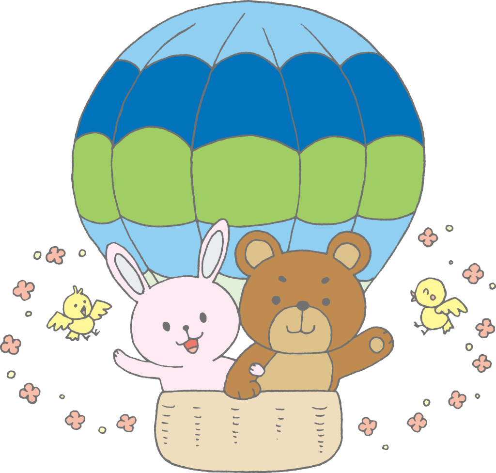 「気球に乗るウサギとクマ」のかわいい手書きフリーイラスト
