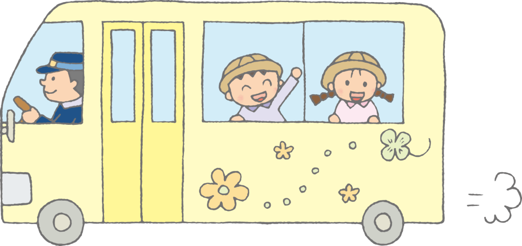 「幼稚園バスに乗る子どもたち」のかわいい手書きフリーイラスト