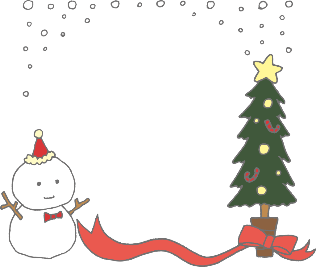 「クリスマスツリーと雪だるま」のフレーム素材・飾り枠フリーイラスト