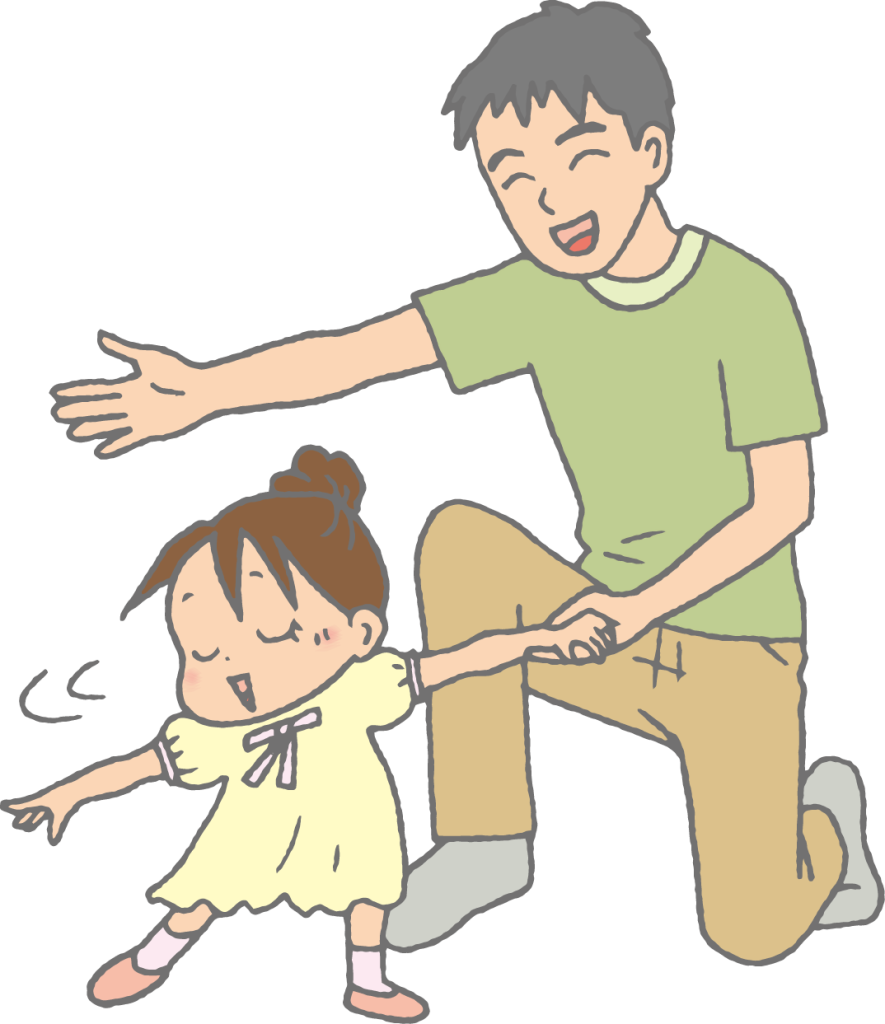 「お父さんと一緒にダンスする子ども（女の子）」のかわいい手書きフリーイラスト