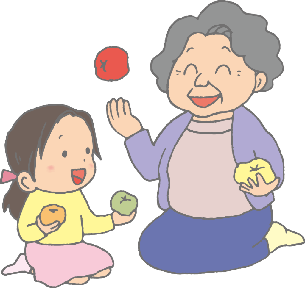 「おばあちゃんとお手玉遊びをする女の子（敬老の日）」のかわいい手書きフリーイラスト