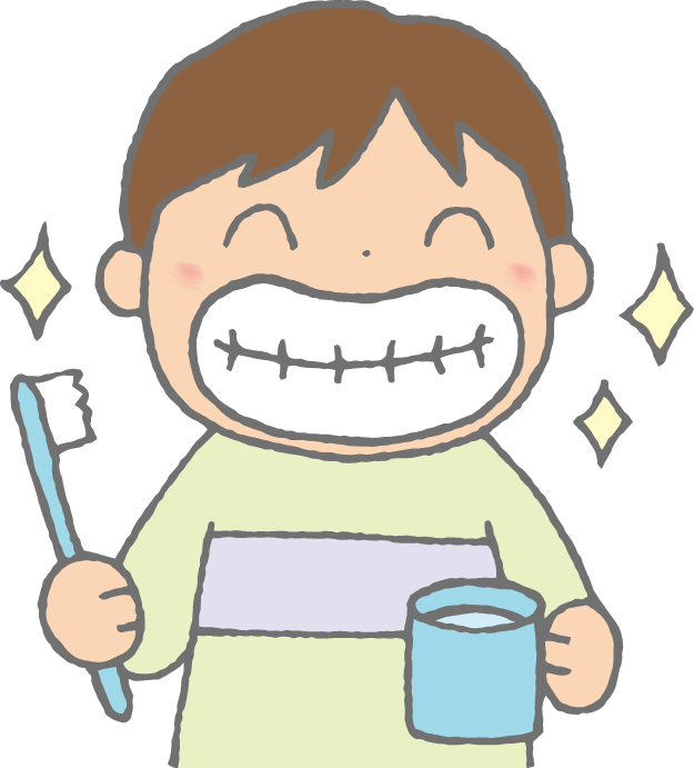 「ピカピカに磨いた歯を見せて笑う男の子（歯磨き・歯ブラシ・コップ）」のかわいい手書きフリーイラスト