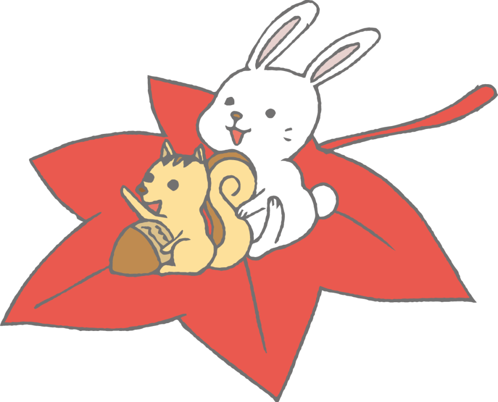 「紅葉にのるウサギとリス」のかわいい手書きフリーイラスト
