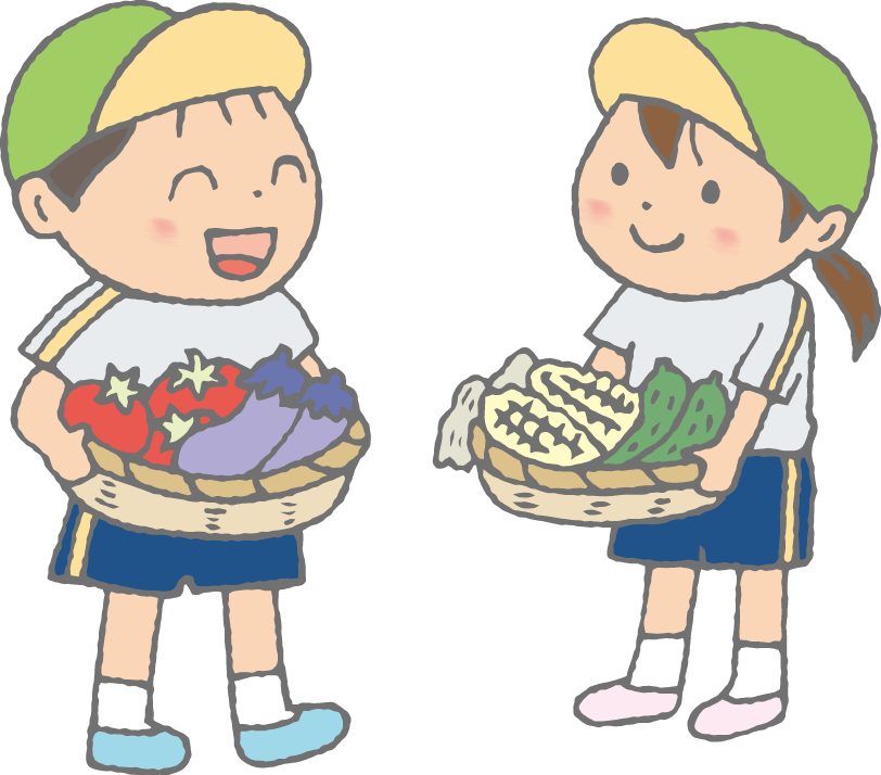 「収穫した夏野菜を持つ子どもたち（トマト・ナス・とうもろこし・きゅうり）」のかわいい手書きフリーイラスト