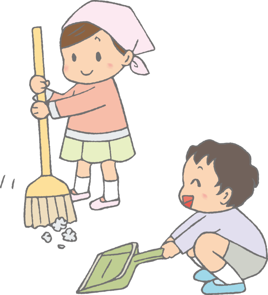 「箒とちりとりで大掃除する子どもたち」のかわいい手書きフリーイラスト