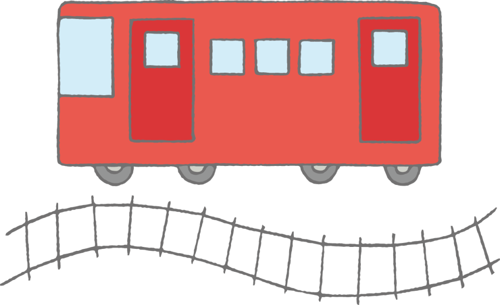 「線路を走る赤い電車」のかわいい手書きフリーイラスト