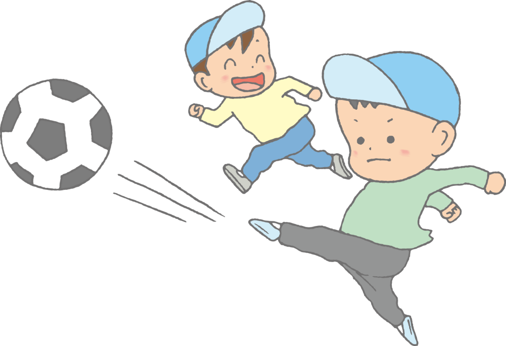 「サッカーで遊ぶ子どもたち」のかわいい手書きフリーイラスト
