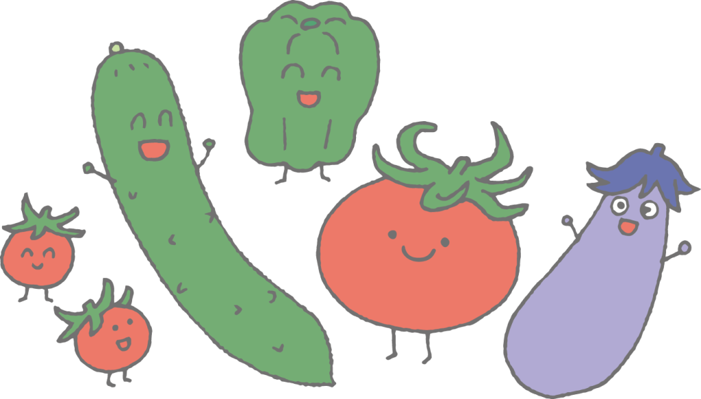 「夏野菜（ミニトマト・きゅうり・ピーマン・トマト・ナス）」のかわいい手書きフリーイラスト