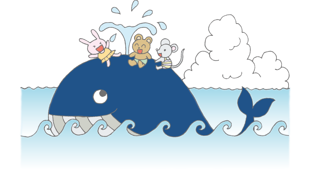 「クジラの背中に乗って海で遊ぶ動物たち」のかわいい手書きフリーイラスト