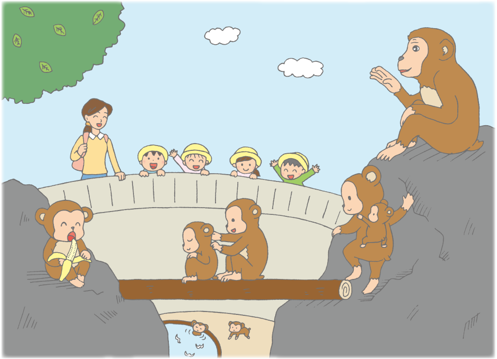 「遠足で動物園の猿山を見る子どもたちと先生」のかわいい手書きフリーイラスト